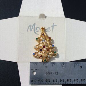 Vintage Signed Monet Christmas Tree Brooch Pin Gold Tone Multi Color Rhinestones